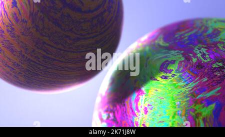 3D rendering di oggetti astratti con effetto marmorizzazione liquida texture e colori vivaci e vivaci che assomigliano ad un pianeta immaginario isolato Foto Stock