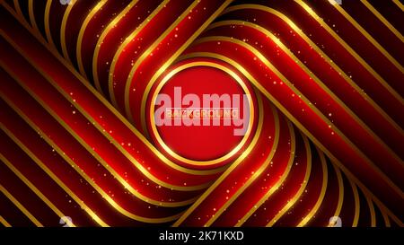 sfondo astratto cerchio d'oro e sfondo rosso sfumato all'interno dell'elemento linea d'oro e decorazione effetto luce glitter. Illustrazione Vettoriale