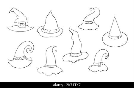 Illustrazioni delineano il cappello di strega di Halloween isolato su sfondo bianco Foto Stock