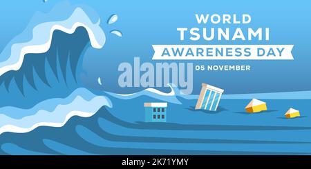 progetto piano mondo tsunami consapevolezza giorno 5 novembre banner orizzontale Illustrazione Vettoriale