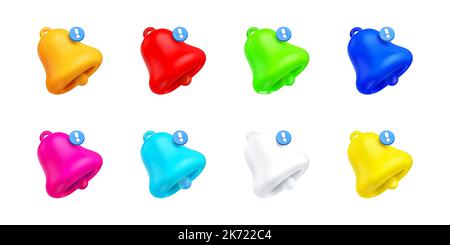 3d rendering di campane di notifica, messaggio colorato non letto su telefono o applicazione per computer. Avviso, spam, casella di chat, icone isolate di conversazione online, illustrazione vettoriale in stile cartoon plastico Illustrazione Vettoriale