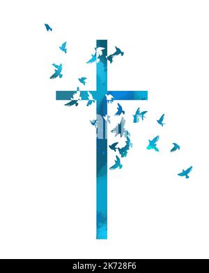 Colomba sulla pace e croce simbolo di religione isolata. Croce religiosa blu con uccelli volanti. Illustrazione vettoriale Illustrazione Vettoriale