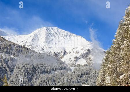 Nevato picchi di montagna e boschi Foto Stock