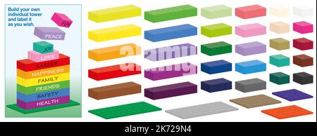 Kit di blocchi in plastica, parti singole colorate da unire ed etichettarle con parole chiave elencate gerarchicamente. Foto Stock