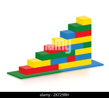 Scale costruite da blocchi di plastica colorati, parti singole colorate, gradini ascendenti da una piattaforma alla cima. Foto Stock