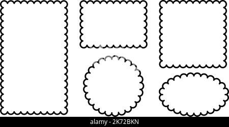 Cornici quadrate e quadrate smerlate. Forme rettangolari e ellittiche con bordi scalati. Semplice forma di etichetta e adesivo. Cornice in pizzo con silhouette floreale. Vettore Illustrazione Vettoriale