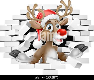 Renne di Natale a Santa Hat Breaking Wall Illustrazione Vettoriale