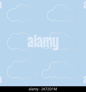 Nuvole bianche 3D poste isolate su uno sfondo blu. Rendering morbido cartone animato morbido morbido morbido morbido icona nuvole nel cielo blu. vettore di forme geometriche 3d Illustrazione Vettoriale