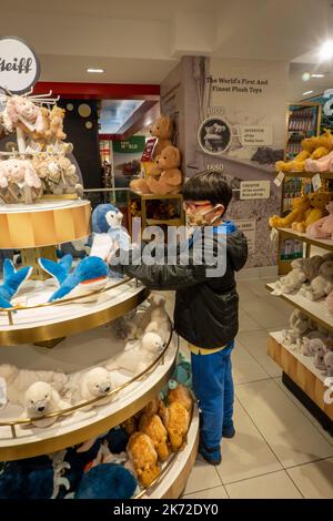 Bambino che guarda i giocattoli imbottiti nel negozio FAO Schwartz, 30 Rockefeller Plaza, Manhattan, New York, USA Foto Stock
