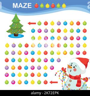 Pupazzo di neve. Labirinto gioco per i bambini. Labirinto di Natale stampabile. Logica gioco educativo. Illustrazione Vettoriale