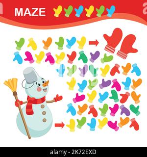 Il pupazzo di neve raccoglie i mitens. Labirinto gioco per i bambini. Logica gioco educativo. Illustrazione Vettoriale