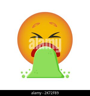 Uno smiley burping con vomito verde. Reazioni emoji ai messaggi per i social network. Vettore sorridente. Illustrazione Vettoriale