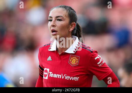 Leigh, Regno Unito. 16th Ott 2022. Il capitano Katie Zelem del Manchester United durante la partita della Super League femminile fa al Leigh Sports Village, Leigh. Il credito dell'immagine dovrebbe essere: Jessica Hornby/Sportimage Credit: Sportimage/Alamy Live News Foto Stock