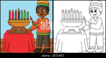 Kwanzaa Boy illuminazione Kinara colorazione Illustrazione Illustrazione Vettoriale