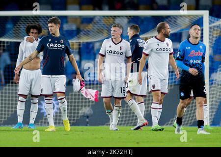 Bologna delusa per la sconfitta durante la Serie A partita di calcio tra SSC Napoli e Bologna allo Stadio Diego Armando Maradona di Napoli, nel sud Italia, il 15 ottobre 2022. Foto Stock