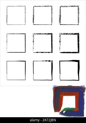 Collezione di cornici quadrate nere disegnate a mano. bordi quadrati neri. Set di modelli di grunge dei bordi vettoriali. Illustrazione Vettoriale