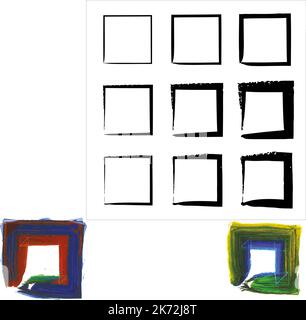 Set di vettori per frame grunge. bordi quadrati neri. Set di elementi di progettazione. Illustrazione Vettoriale