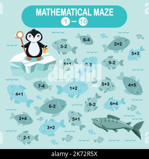Gioco matematico labirinto per bambini piccoli. Collezione invernale. Il pinguino sta pescando Illustrazione Vettoriale