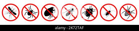 Insetto divieto segni set. Peste è vietato. Divieto di insetti parassiti vari. Segnale DI STOP rosso. Illustrazione vettoriale. Illustrazione Vettoriale