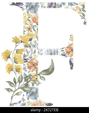Fiori di campo lettera F clipart, Blossom Alphabet Design. Acquerello con monogramma floreale isolato su sfondo bianco. Foto Stock