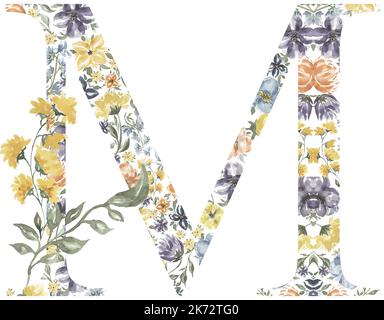 Fiori di campo lettera M clipart, Blossom Alphabet Design. Acquerello con monogramma floreale isolato su sfondo bianco. Foto Stock