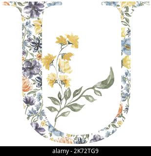 Jolly U lettera clipart, Blossom Alphabet Design. Acquerello con monogramma floreale isolato su sfondo bianco. Foto Stock