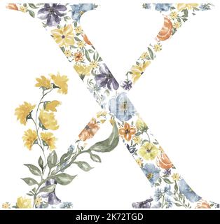 Fiori di campo clipart lettera X, Blossom Alphabet Design. Acquerello con monogramma floreale isolato su sfondo bianco. Foto Stock