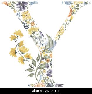Jolly Y lettera clipart, Blossom Alphabet Design. Acquerello con monogramma floreale isolato su sfondo bianco. Foto Stock