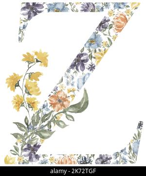 Fiori di campo lettera Z clipart, Blossom Alphabet Design. Acquerello con monogramma floreale isolato su sfondo bianco. Foto Stock