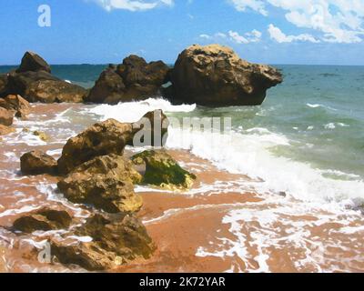 Mare con grandi rocce. Luminoso paesaggio costiero in una giornata di sole estate. Stilizzazione digitale di un disegno acquerello Foto Stock