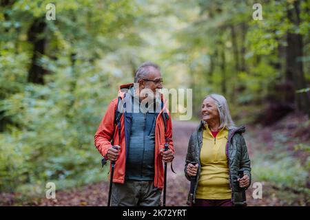 Felice coppia escursionismo senior in autunno foresta. Foto Stock