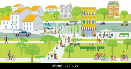 Profilo della città con pedoni nel quartiere residenziale, illustrazione Illustrazione Vettoriale