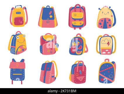 Zaini per la scuola. Borse luminose per bambini, attrezzatura divertente per lo studio del colore, elementi per bambini, zaini stile doodle cartoon. Eleganti accessori per gli studenti Illustrazione Vettoriale