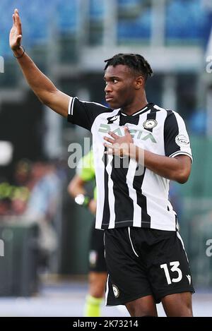 Destiny Udogie di Udinese reagisce durante il campionato italiano Serie Una partita di calcio tra SS Lazio e Udinese Calcio il 16 ottobre 2022 allo Stadio Olimpico di Roma - Foto Federico Proietti / DPPI Foto Stock