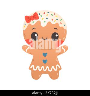 Biscotto donna di festa del pan di zenzero. Biscotto a forma di donna con glassa colorata. Illustrazione vettoriale in stile piatto Illustrazione Vettoriale