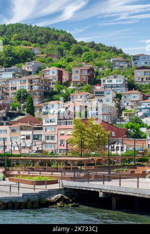 Vista dal mare delle verdi montagne di Rumeli Kavagi, sul lato europeo dello stretto del Bosforo, con case tradizionali e alberi densi in un giorno d'estate, Istanbul, Turchia Foto Stock