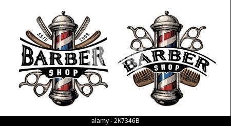 Stemma o stemma per barbiere. Barber pole, logo salone di bellezza maschile. Illustrazione vettoriale Illustrazione Vettoriale