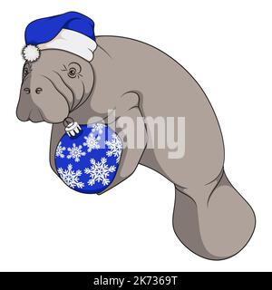 Illustrazione a colori con lamantini, mucca di mare in cappello di Natale blu con il giocattolo dell'albero di Natale. Oggetto vettoriale isolato su sfondo bianco. Illustrazione Vettoriale