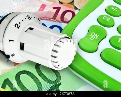 Banconote in euro e valvola di riscaldamento con calcolatore verde primo piano Foto Stock