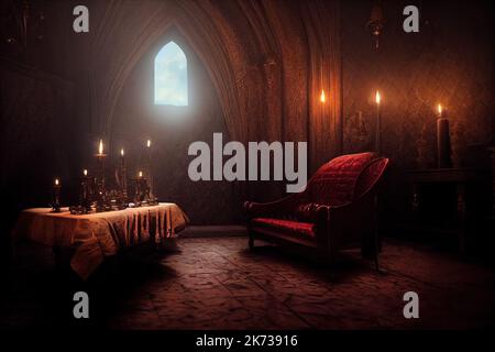 All'interno del castello di Dracula, soggiorno vittoriano con tavolo, divano e poltrone a lume di candela. Atmosfera gotica di Halloween all'interno dell'Antica Foto Stock