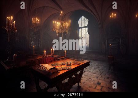 Un soggiorno vittoriano della Transilvania con un tavolo, un divano e sedie a sdraio illuminate da candele per creare un'atmosfera gotica per il vampiro di Halloween Foto Stock