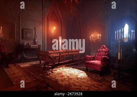 Un antico castello di vampiro si trova in un elegante soggiorno vittoriano per i giochi d'avventura. Castello di Dracula vampiro di Transilvania. Illustrazione 3D Foto Stock