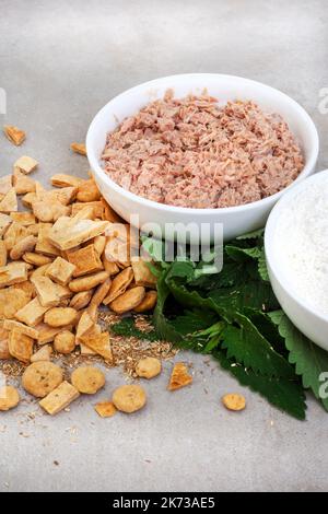 Speciale dolcetti di tonno fatti in casa su grigio chiazzato con ingredienti e spazio copia Foto Stock