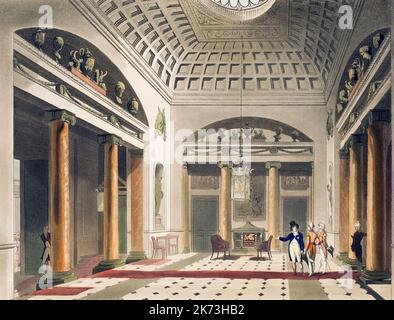 The Hall, Carlton House. Circa 1808. Dopo un lavoro di August Pugin e Thomas Rowlandson nel microcosmo di Londra, pubblicato in tre volumi tra il 1808 e il 1810 da Rudolph Ackermann. Pugin era l'artista responsabile degli elementi architettonici nelle immagini del microcosmo; Thomas Rowlandson fu assunto per aggiungere le figure umane vivaci. Foto Stock