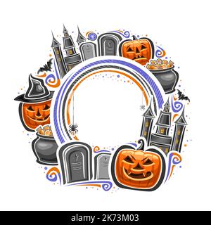 Cornice vettoriale per Halloween con spazio copia vuoto per il testo di saluto, segno decorativo con scolpito inquietante Halloween jack-o-lanterna in cappello, castello mistico Illustrazione Vettoriale