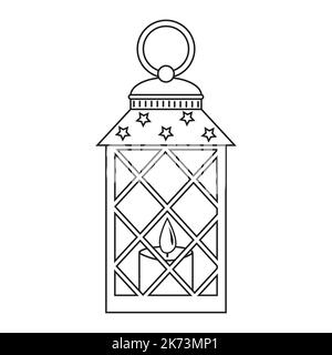 Paesaggio interno Lanterna di Natale con candela, contorno nero in stile Doodle. Illustrazione Vettoriale