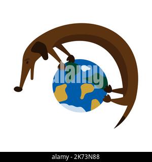 Un enorme cane dachshund si trova sul pianeta Terra. Logo, emblema, etichetta, cartello per clinica veterinaria, negozio di animali domestici, salone per la cura del corpo, negozio di zoo. Illustrazione per adesivo, banner, poster per Earth Day, Dogs Day. Illustrazione Vettoriale