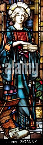 Maria di Betania eseguita in vetro colorato da A. J. Dix da un cartone animato di James Clarke (1903), St Stephen's Church, Kirkby Stepehen, Cumbria, Regno Unito Foto Stock