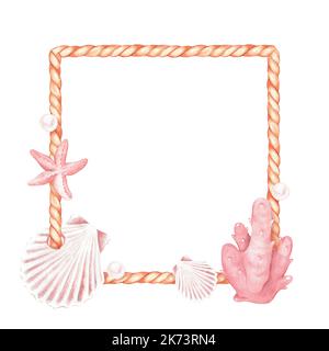 Telaio in corda quadrata con conchiglie, coralli e perle. Illustrazione acquerello. posiziona per testo. Isolato su sfondo bianco. Foto Stock