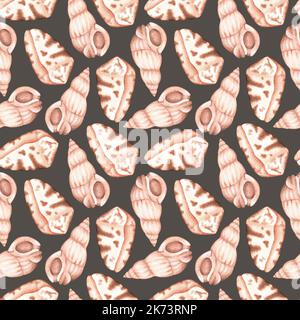 Modello seashells senza cuciture. Illustrazione vintage acquerello. Isolato su sfondo grigio-marrone. Per il design di tessuti, abiti, cancelleria Foto Stock